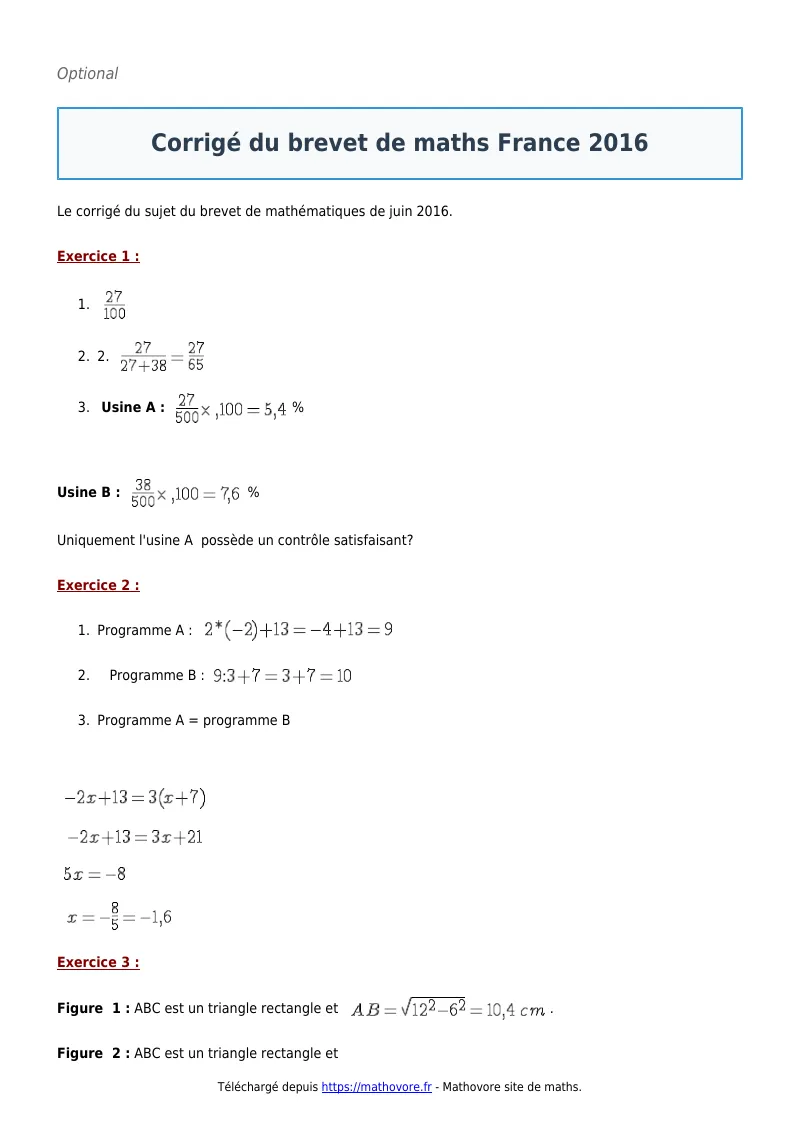Brevet de maths : ? du brevet France 2016 corrigé en PDF