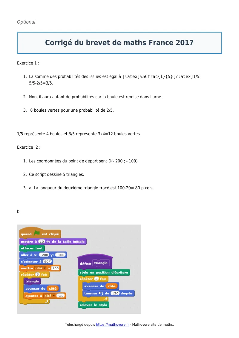 Brevet de maths : ? du brevet France 2017 corrigé en PDF