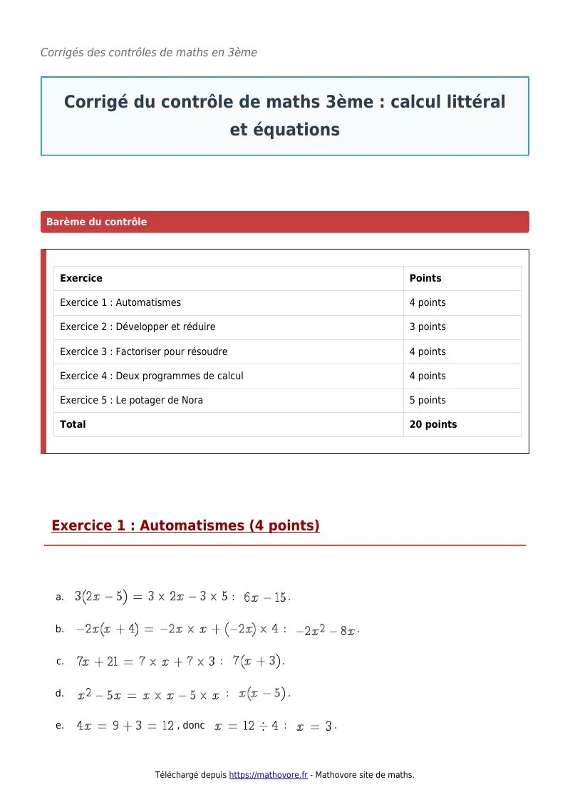 Contrôle de maths en 3ème : Calcul littéral et équations corrigé en PDF