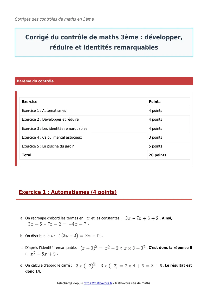 Contrôle de maths en 3ème : Développer, réduire et identités remarquables corrigé en PDF