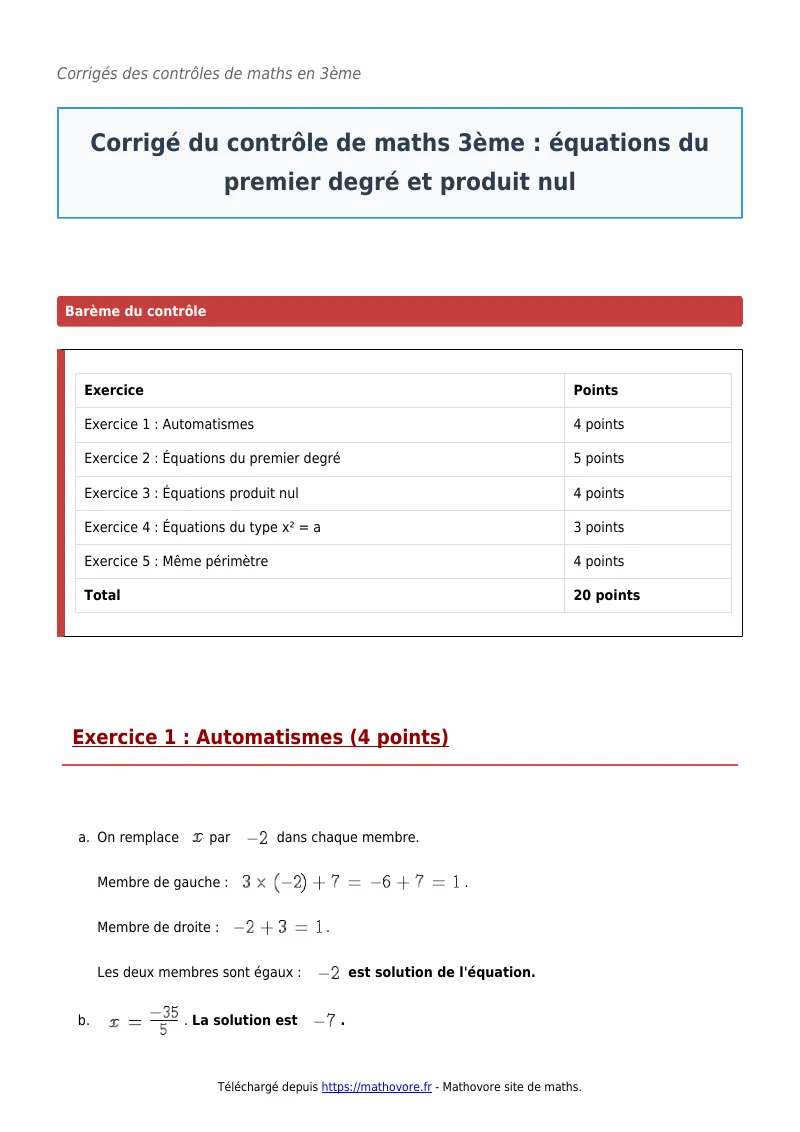 Contrôle de maths en 3ème : Équations du premier degré et produit nul corrigé en PDF