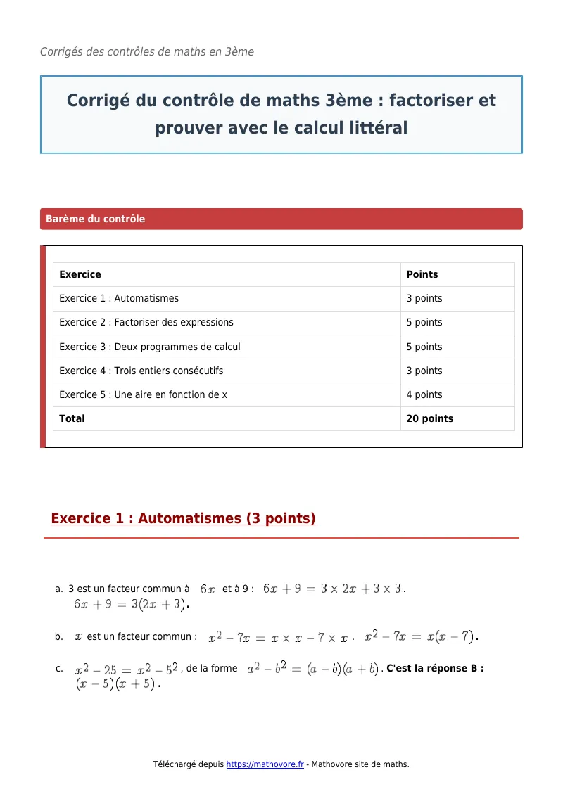Contrôle de maths en 3ème : Factoriser et prouver avec le calcul littéral corrigé en PDF