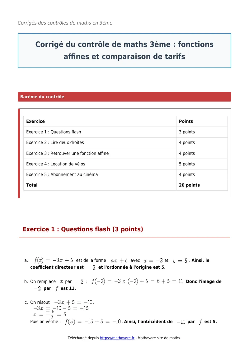 Contrôle de maths en 3ème : Fonctions affines et comparaison de tarifs corrigé en PDF