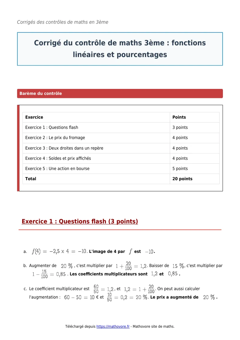Contrôle de maths en 3ème : Fonctions linéaires et pourcentages corrigé en PDF