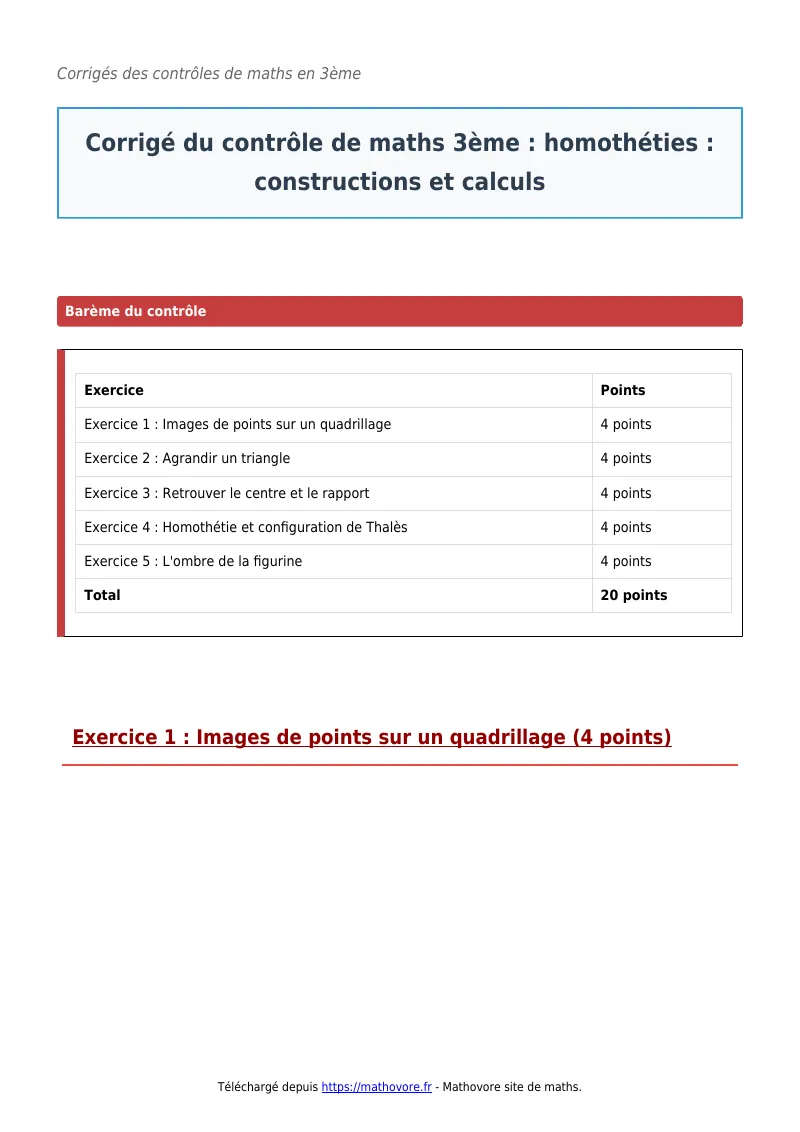 Contrôle de maths en 3ème : Homothéties : constructions et calculs corrigé en PDF