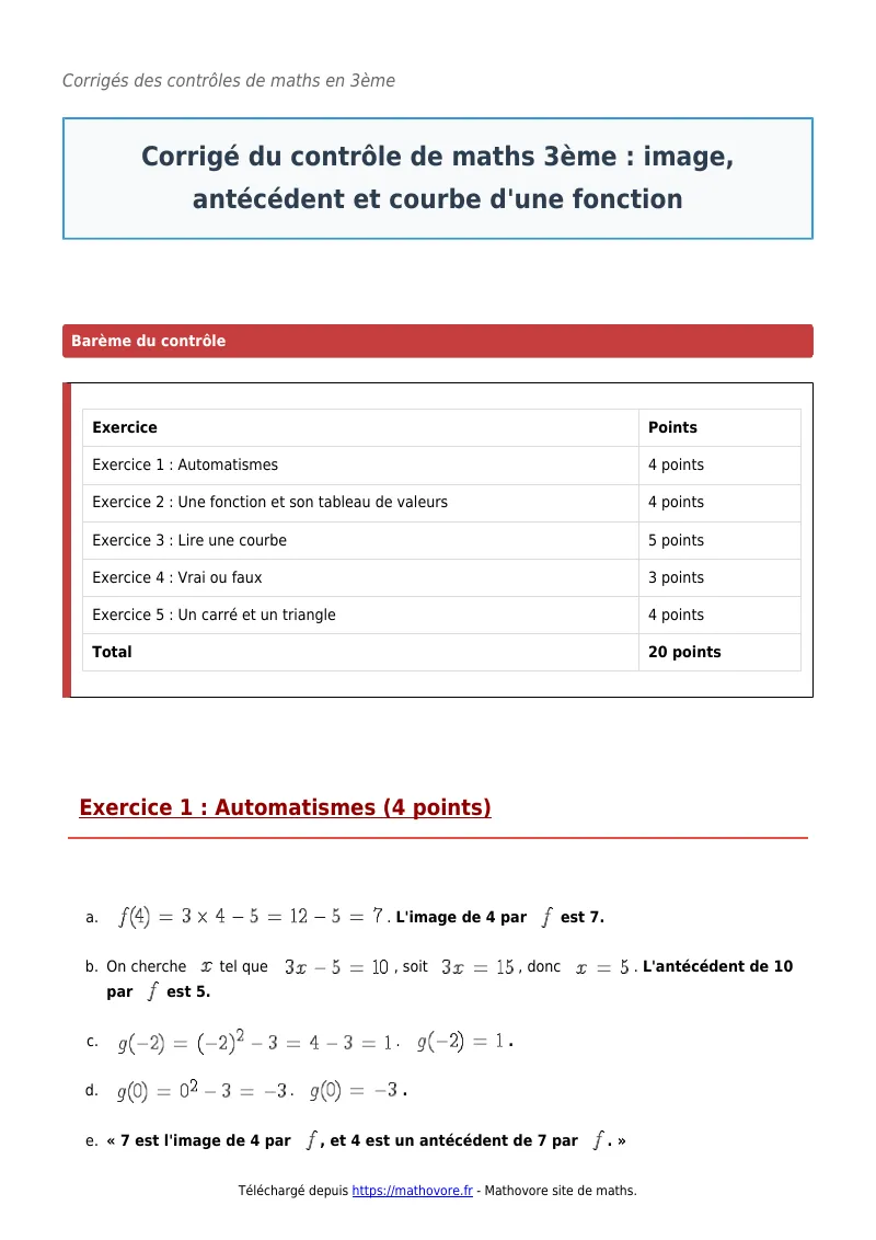 Contrôle de maths en 3ème : Image, antécédent et courbe d’une fonction corrigé en PDF