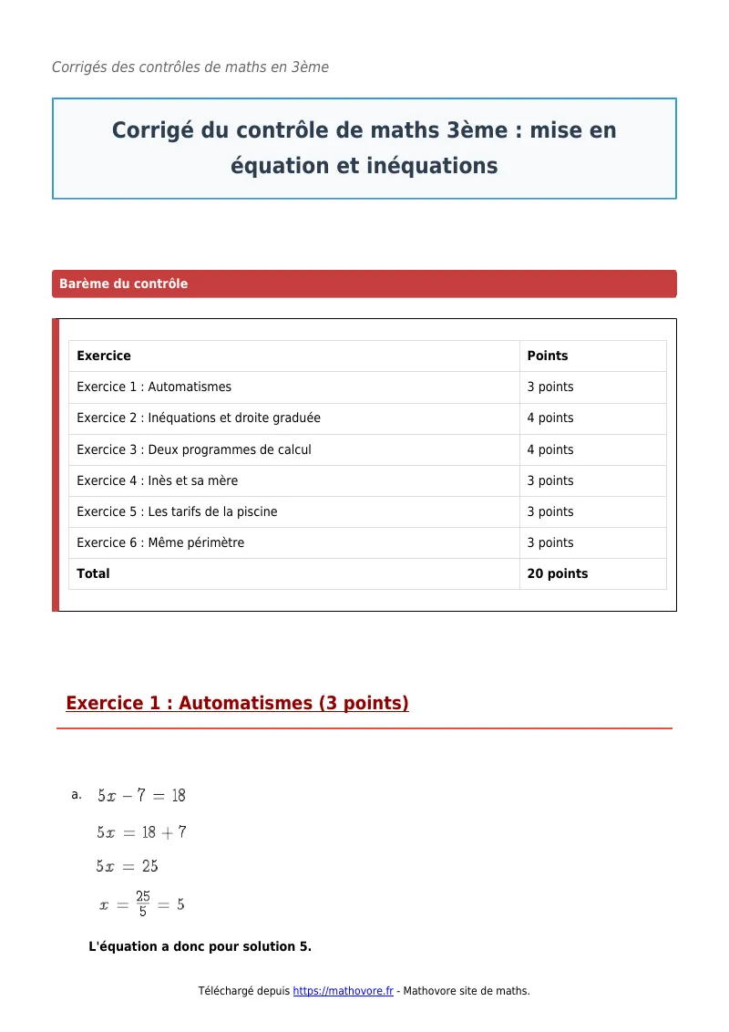 Contrôle de maths en 3ème : Mise en équation et inéquations corrigé en PDF