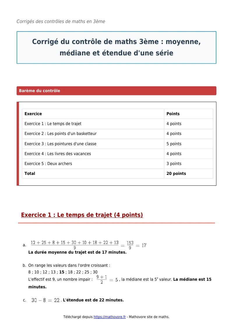 Contrôle de maths en 3ème : Moyenne, médiane et étendue d’une série corrigé en PDF