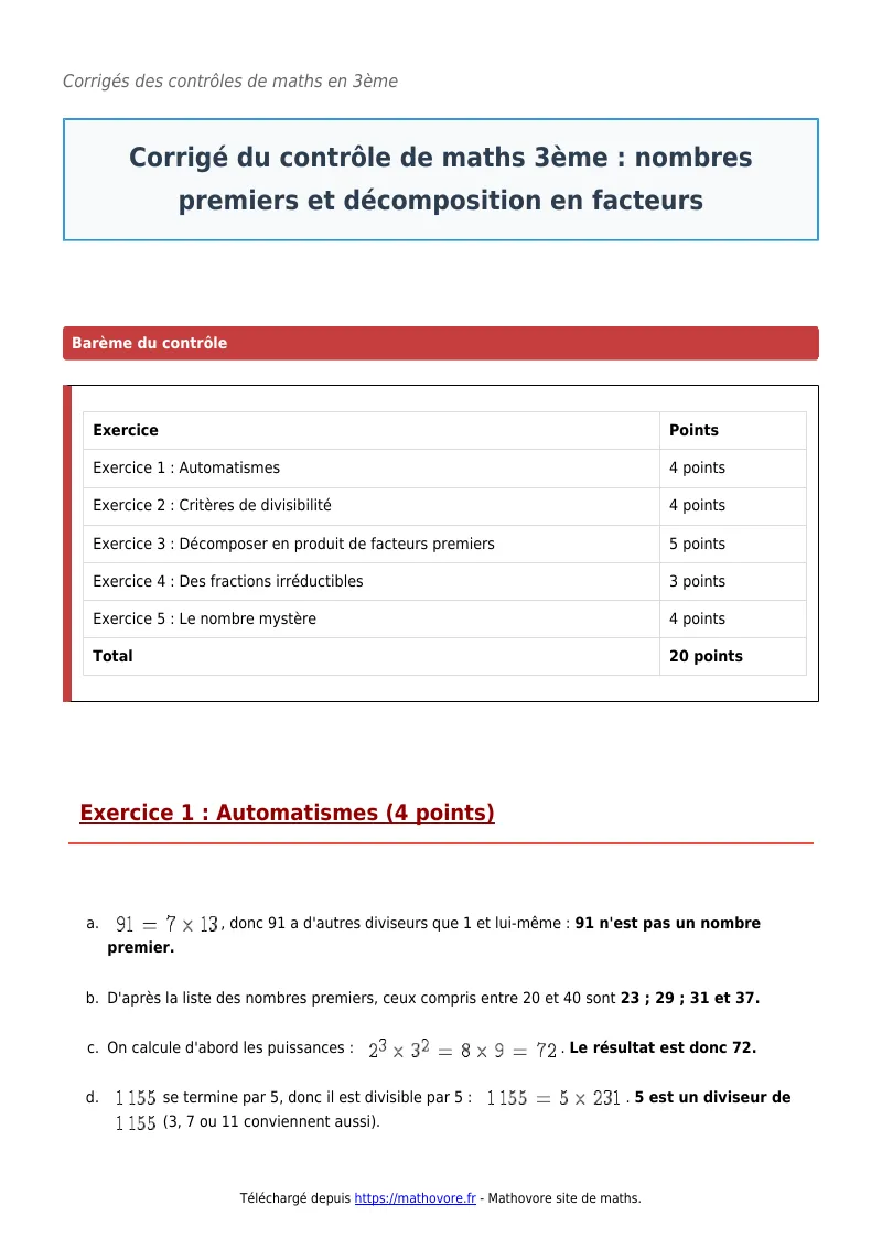 Contrôle de maths en 3ème : Nombres premiers et décomposition en facteurs corrigé en PDF