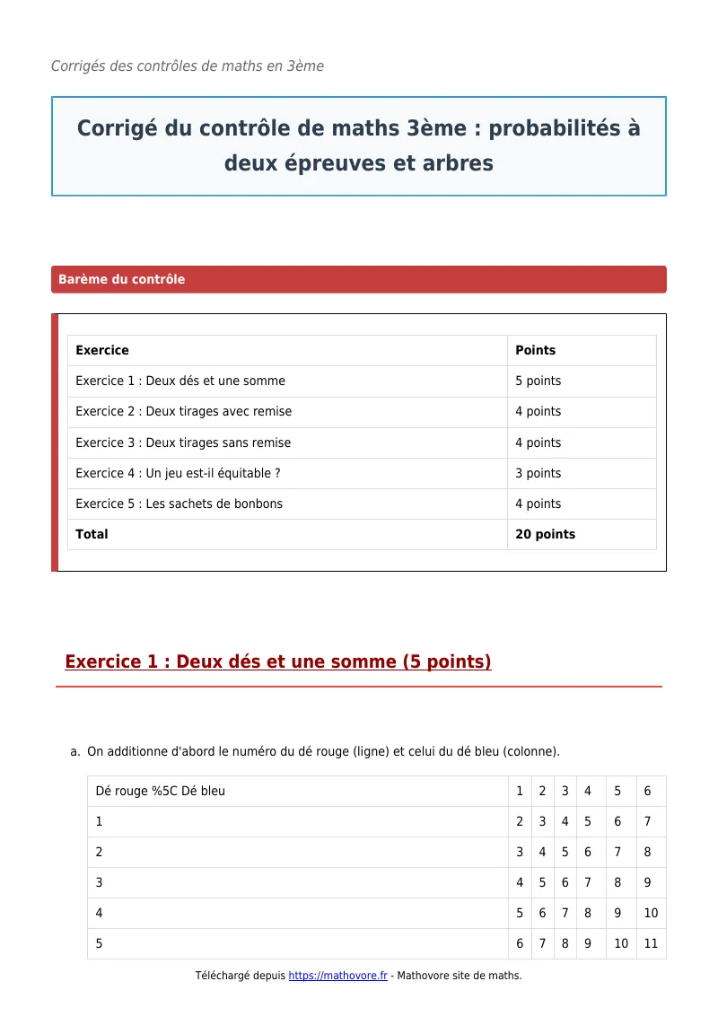 Contrôle de maths en 3ème : Probabilités à deux épreuves et arbres corrigé en PDF