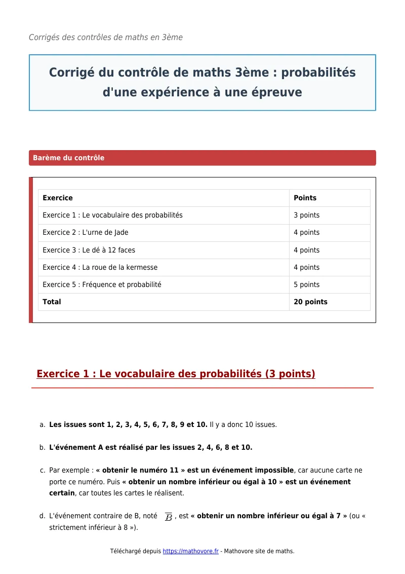 Contrôle de maths en 3ème : Probabilités d’une expérience à une épreuve corrigé en PDF