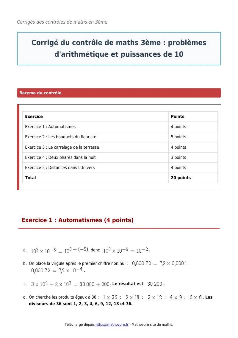 Contrôle de maths en 3ème : Problèmes d’arithmétique et puissances de 10 corrigé en PDF
