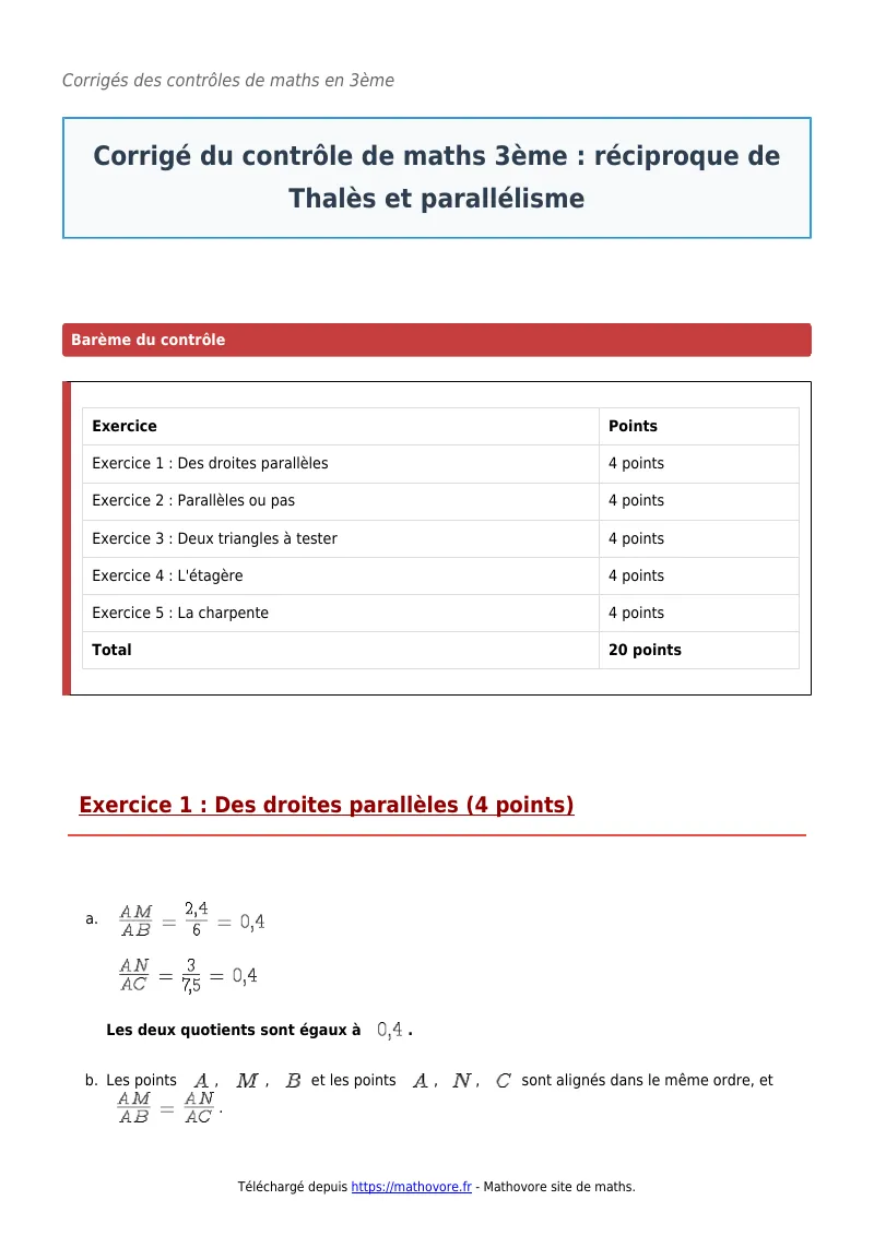 Contrôle de maths en 3ème : Réciproque de Thalès et parallélisme corrigé en PDF