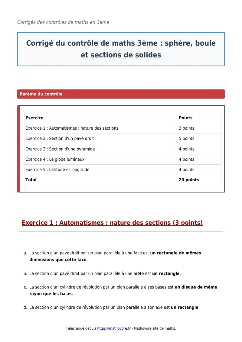 Contrôle de maths en 3ème : Sphère, boule et sections de solides corrigé en PDF