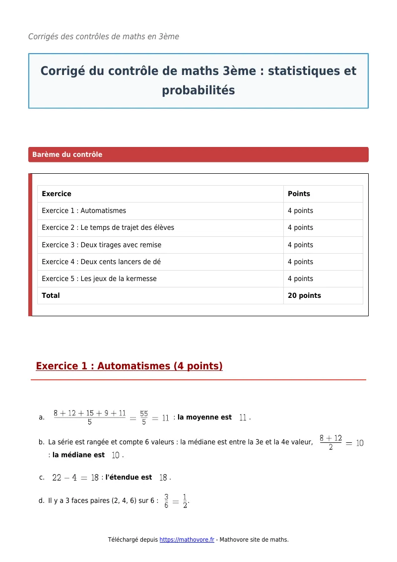 Contrôle de maths en 3ème : Statistiques et probabilités corrigé en PDF