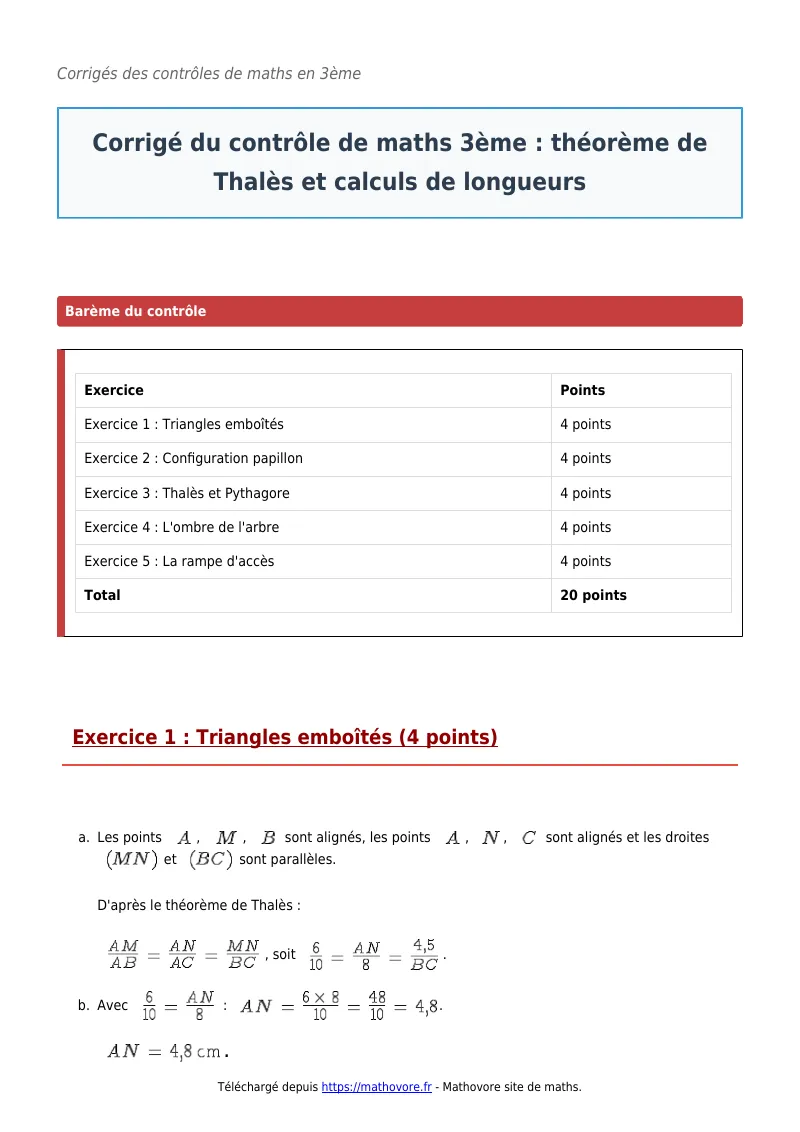 Contrôle de maths en 3ème : Théorème de Thalès et calculs de longueurs corrigé en PDF