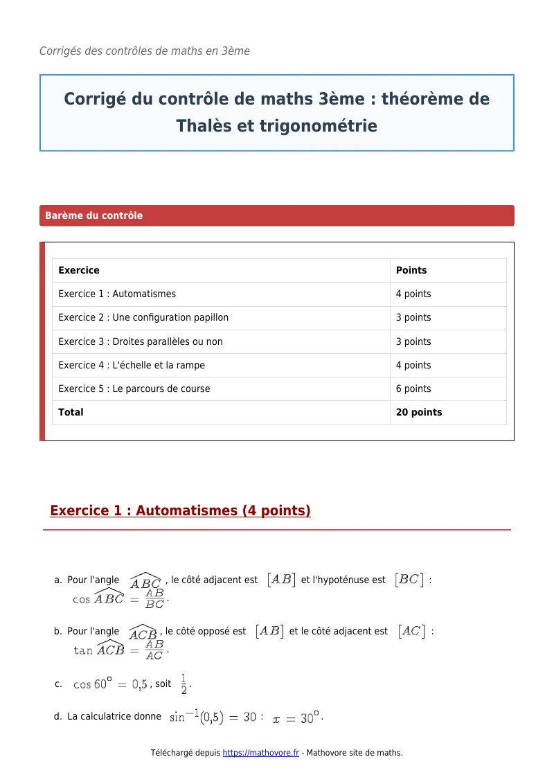 Contrôle de maths en 3ème : Théorème de Thalès et trigonométrie corrigé en PDF