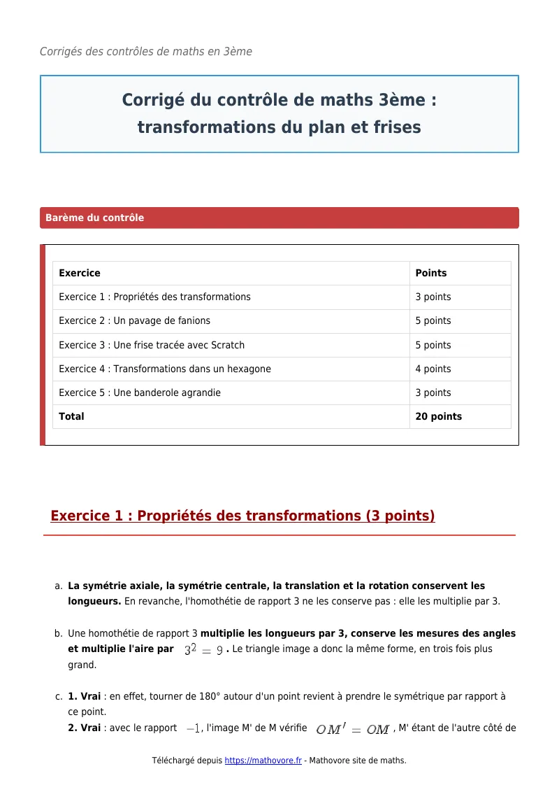 Contrôle de maths en 3ème : Transformations du plan et frises corrigé en PDF