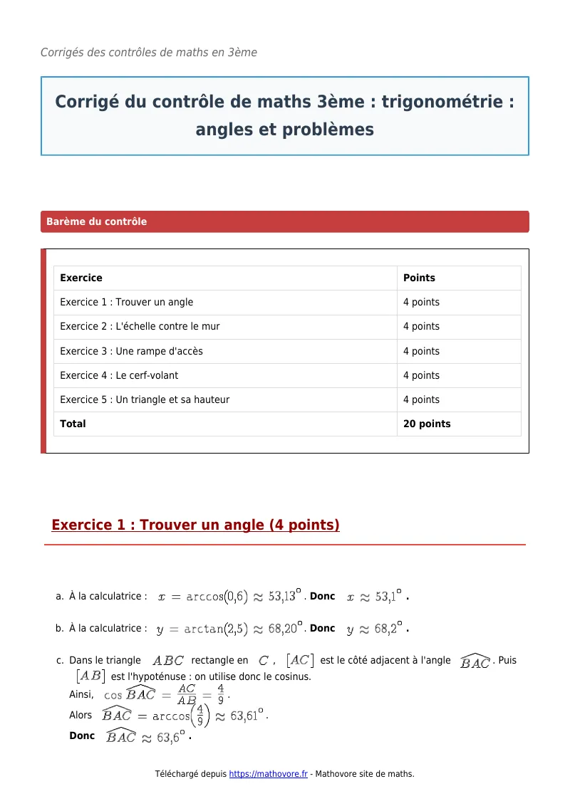 Contrôle de maths en 3ème : Trigonométrie : angles et problèmes corrigé en PDF