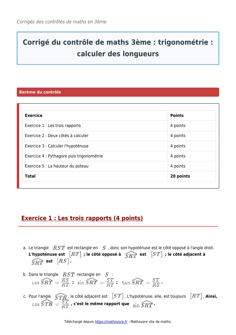 Contrôle de maths en 3ème : Trigonométrie : calculer des longueurs corrigé en PDF