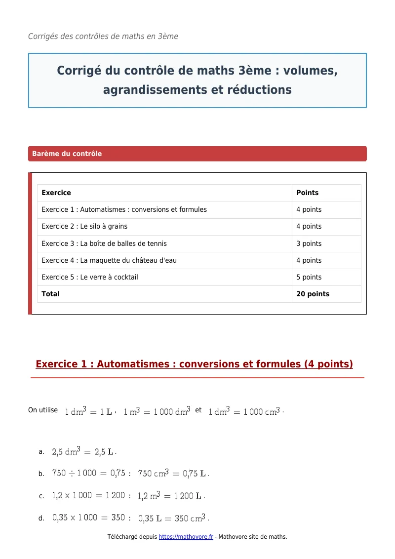 Contrôle de maths en 3ème : Volumes, agrandissements et réductions corrigé en PDF