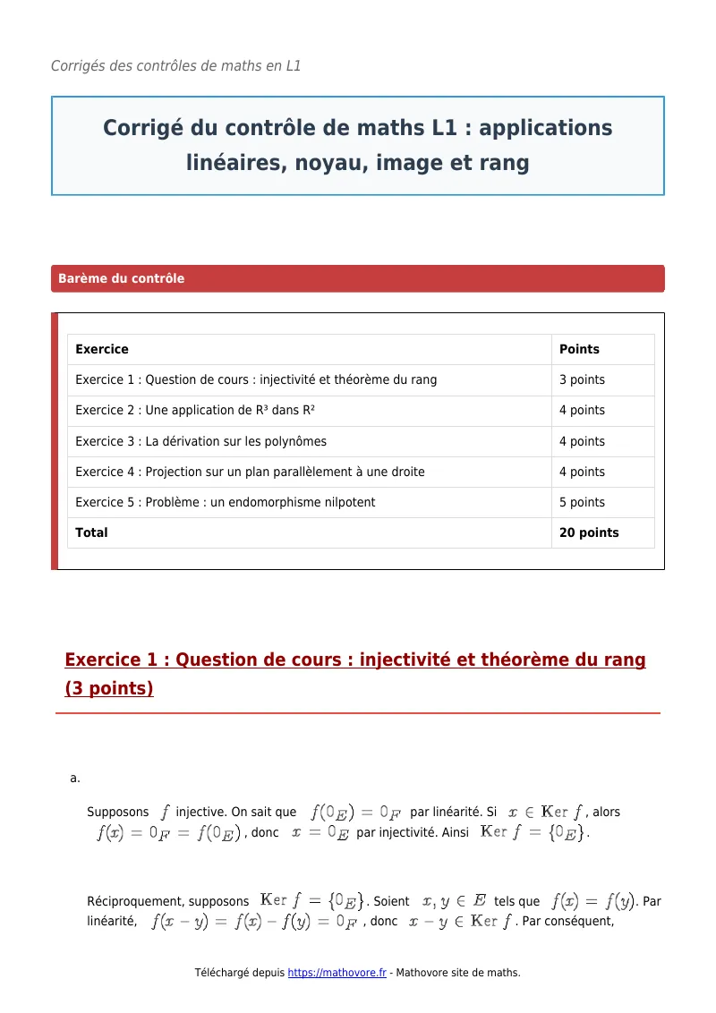 Contrôle de maths en L1 : Applications linéaires, noyau, image et rang corrigé en PDF