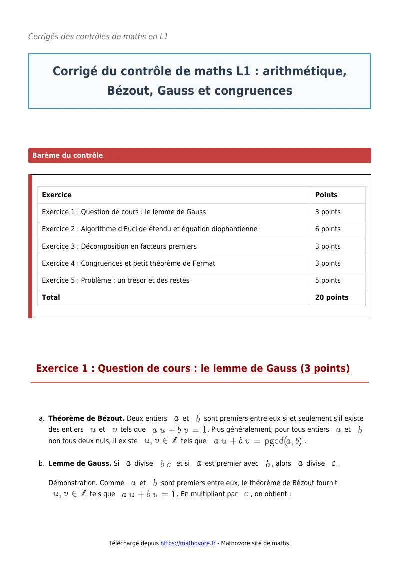 Contrôle de maths en L1 : Arithmétique, Bézout, Gauss et congruences corrigé en PDF