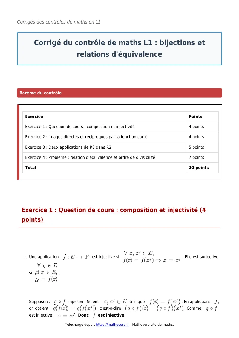 Contrôle de maths en L1 : Bijections et relations d’équivalence corrigé en PDF