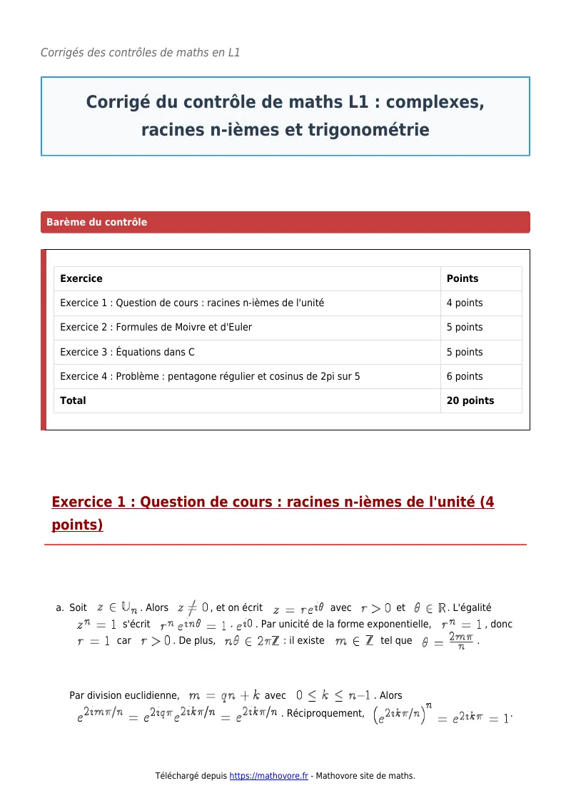 Contrôle de maths en L1 : Complexes, racines n-ièmes et trigonométrie corrigé en PDF
