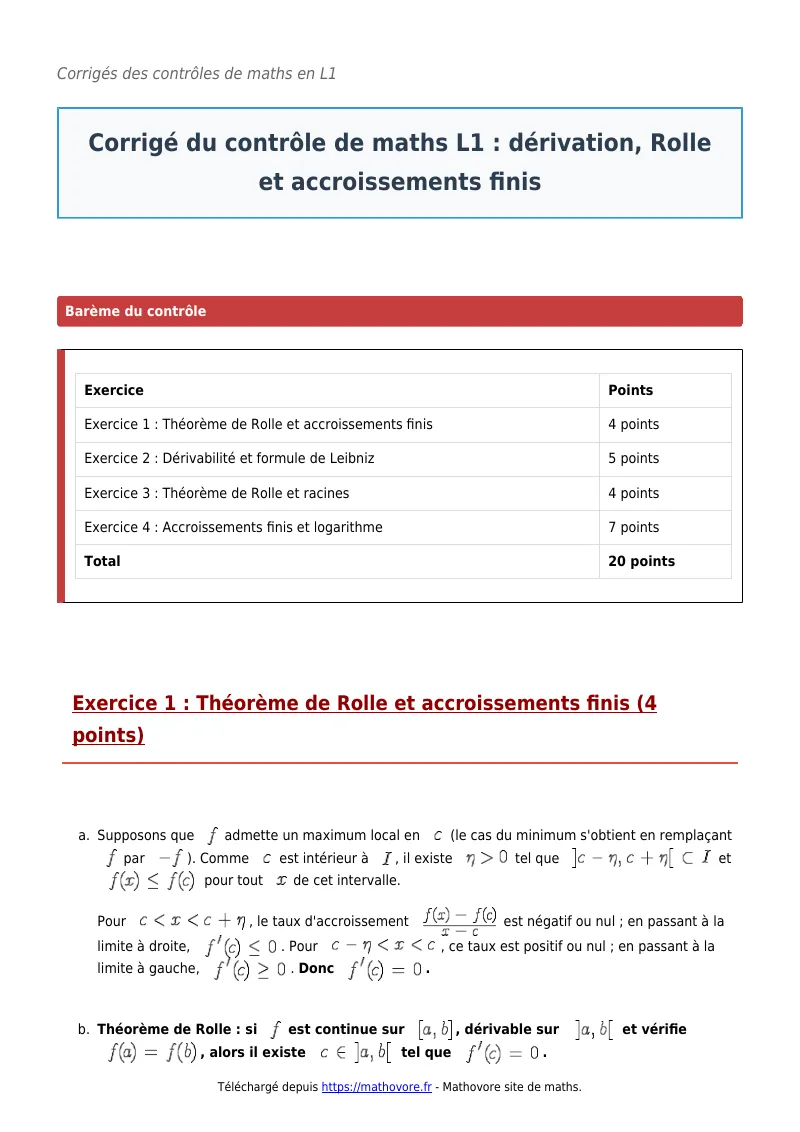 Contrôle de maths en L1 : Dérivation, Rolle et accroissements finis corrigé en PDF