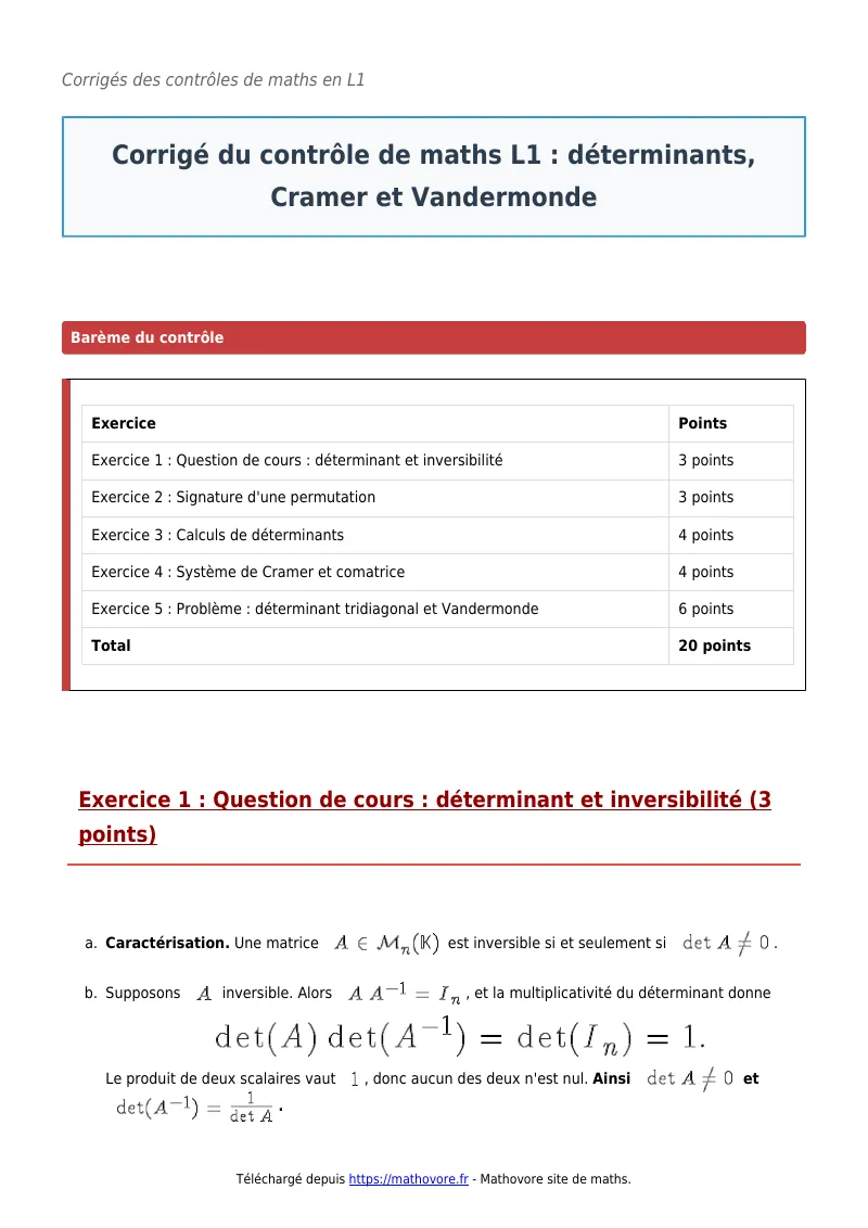 Contrôle de maths en L1 : Déterminants, Cramer et Vandermonde corrigé en PDF