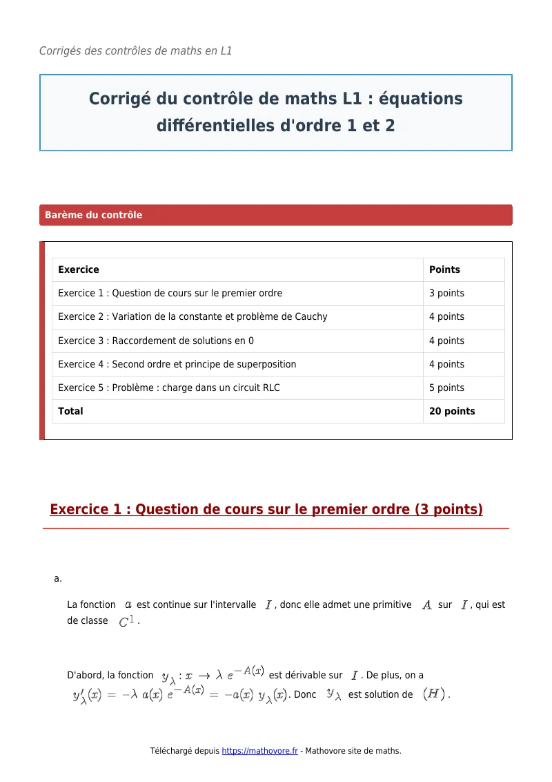 Contrôle de maths en L1 : Équations différentielles d’ordre 1 et 2 corrigé en PDF