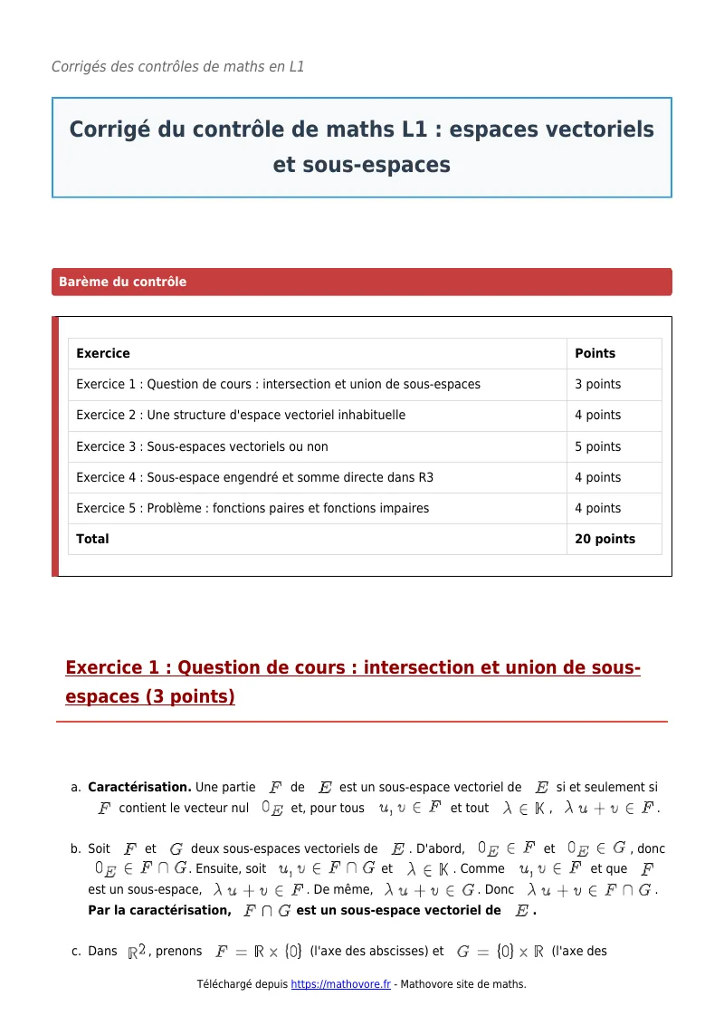 Contrôle de maths en L1 : Espaces vectoriels et sous-espaces corrigé en PDF