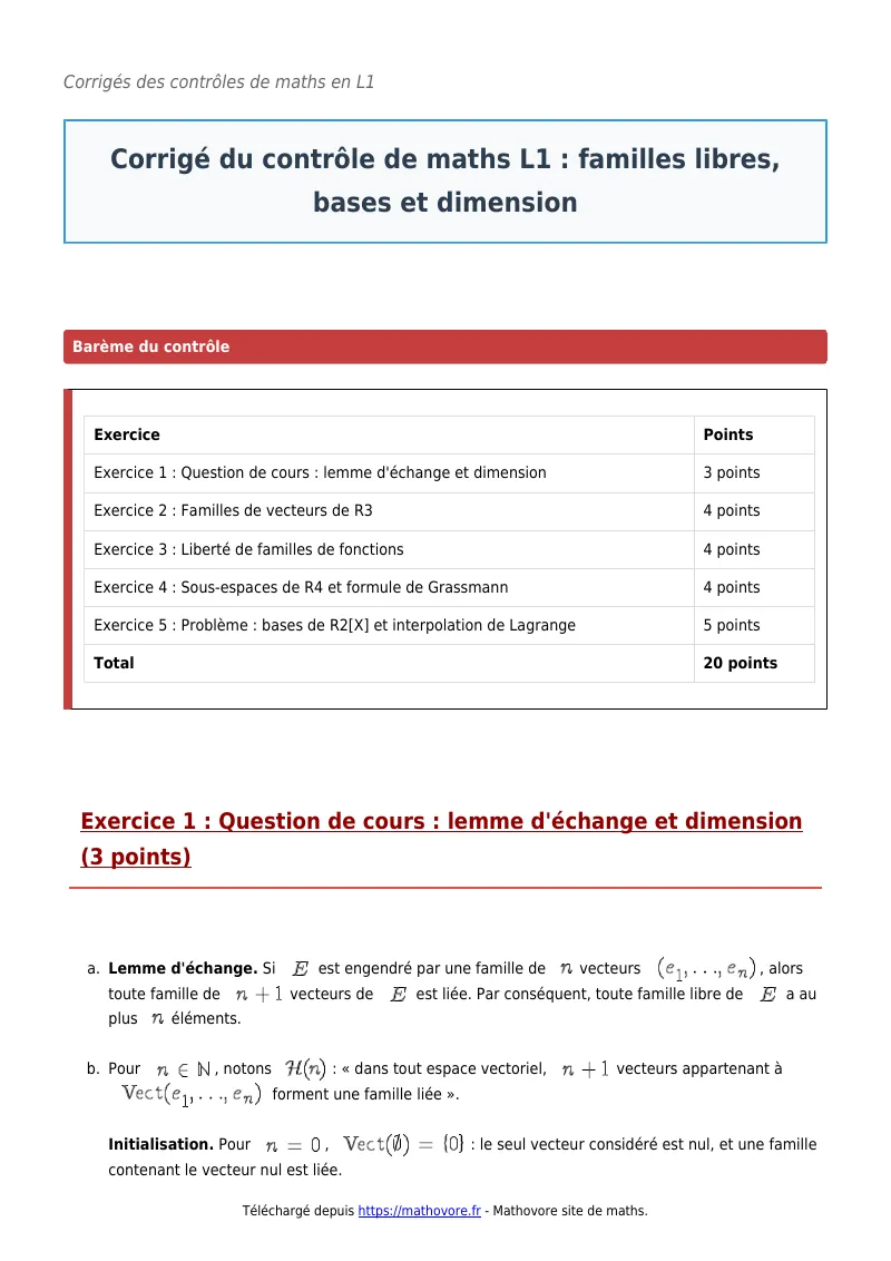 Contrôle de maths en L1 : Familles libres, bases et dimension corrigé en PDF