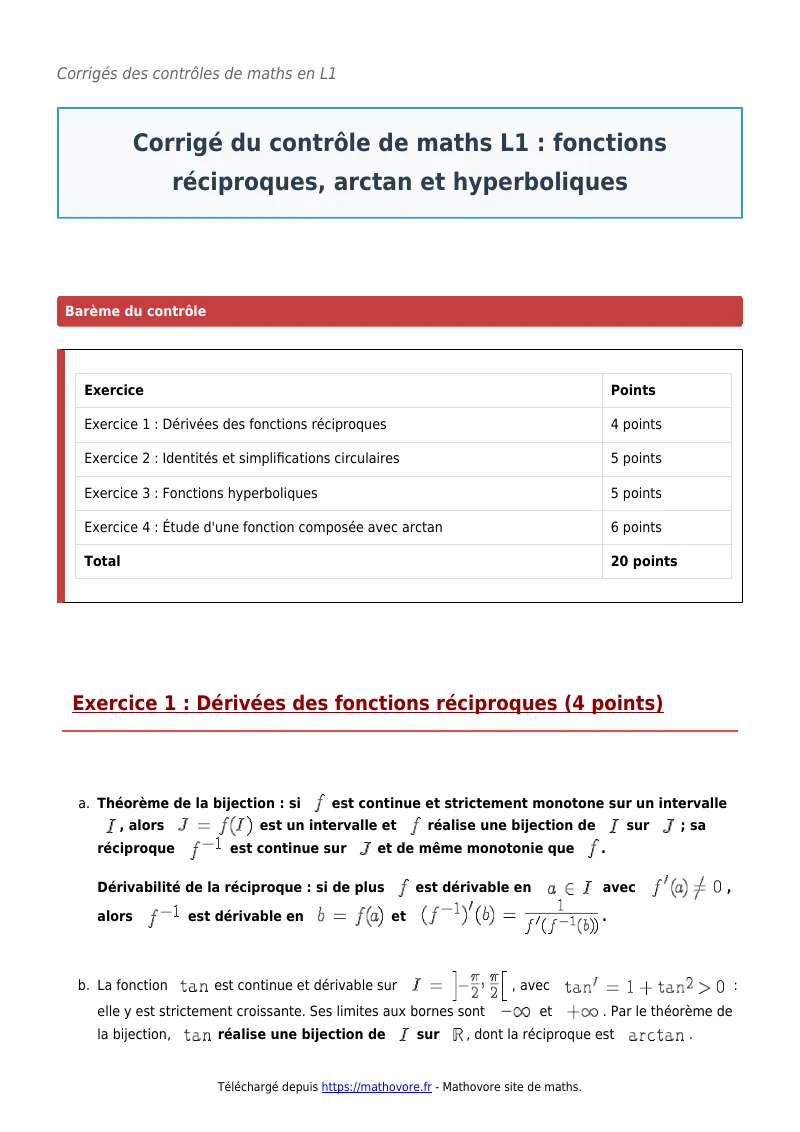 Contrôle de maths en L1 : Fonctions réciproques, arctan et hyperboliques corrigé en PDF