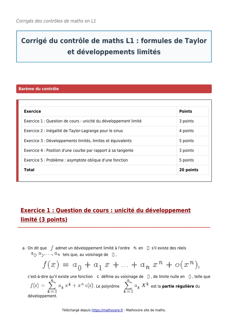 Contrôle de maths en L1 : Formules de Taylor et développements limités corrigé en PDF
