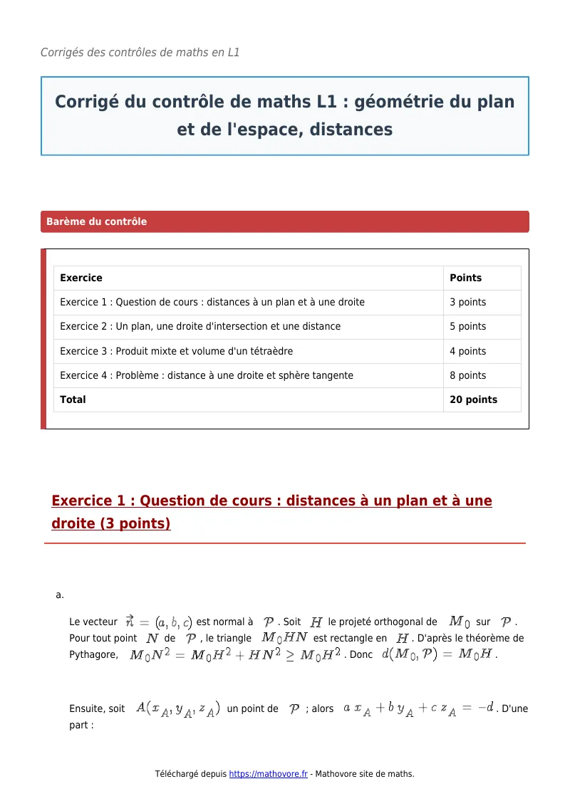 Contrôle de maths en L1 : Géométrie du plan et de l’espace, distances corrigé en PDF