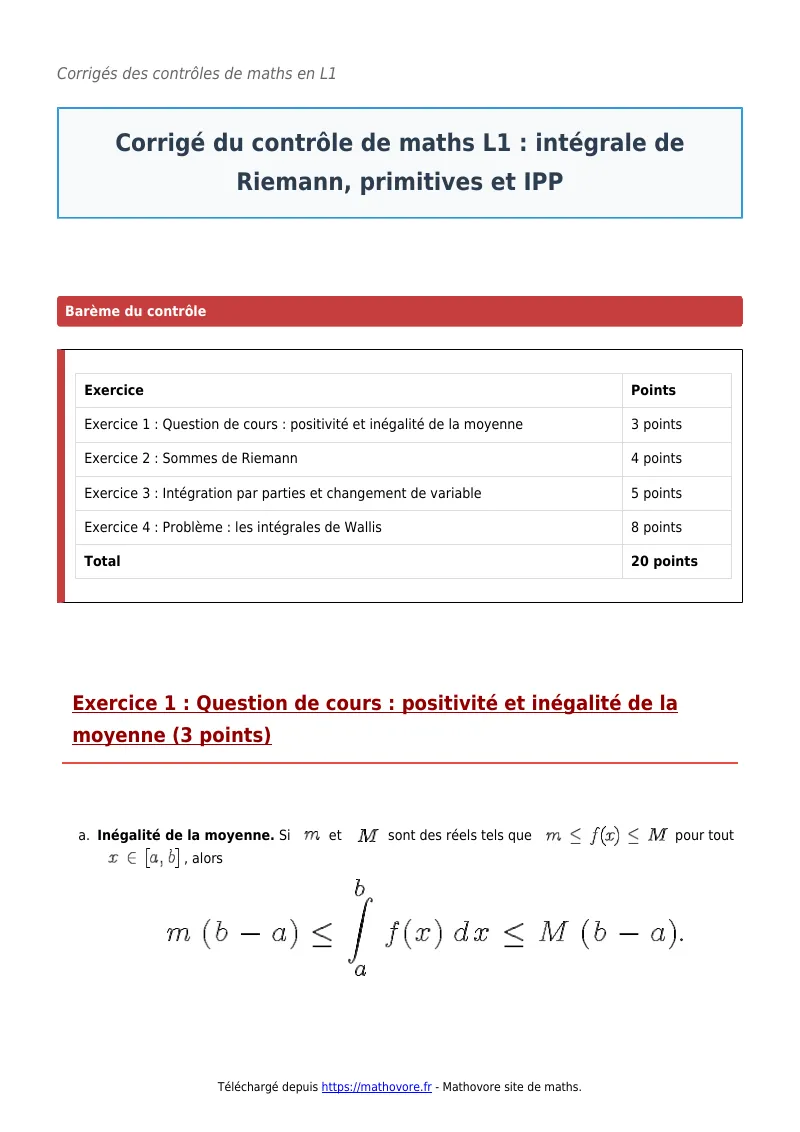 Contrôle de maths en L1 : Intégrale de Riemann, primitives et IPP corrigé en PDF