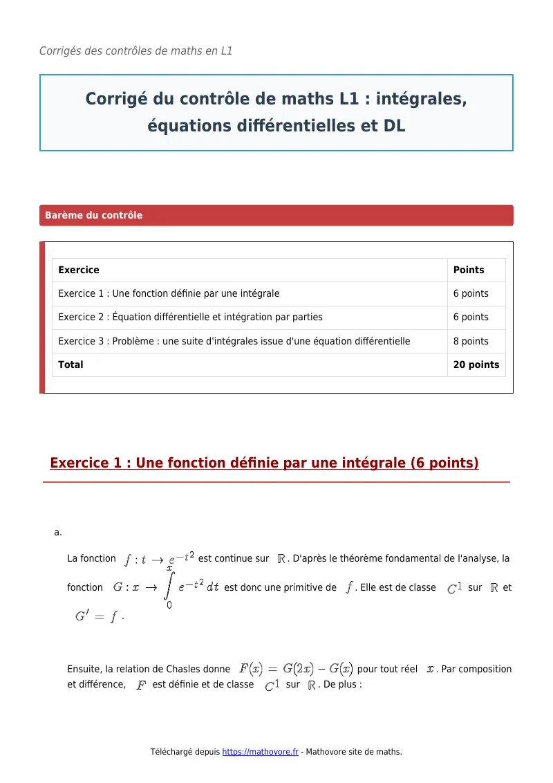 Contrôle de maths en L1 : Intégrales, équations différentielles et DL corrigé en PDF