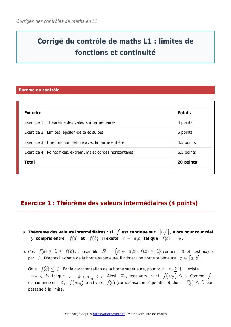 Contrôle de maths en L1 : Limites de fonctions et continuité corrigé en PDF