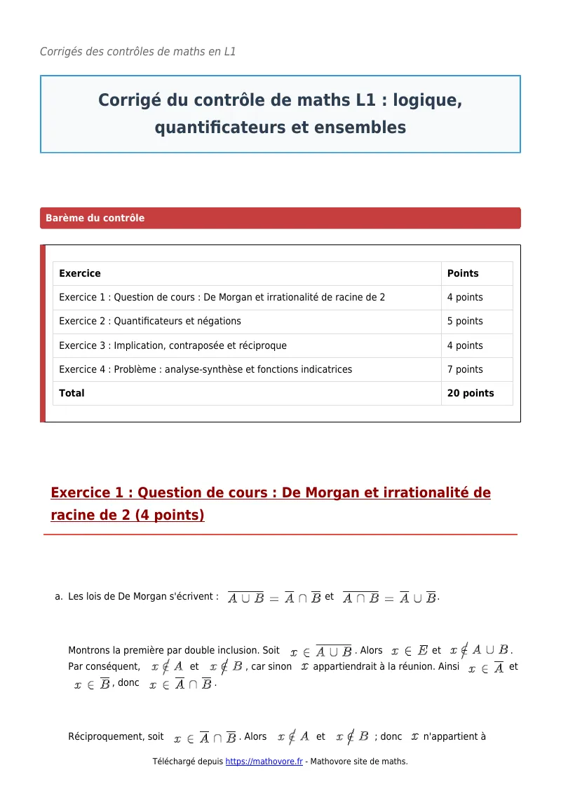 Contrôle de maths en L1 : Logique, quantificateurs et ensembles corrigé en PDF