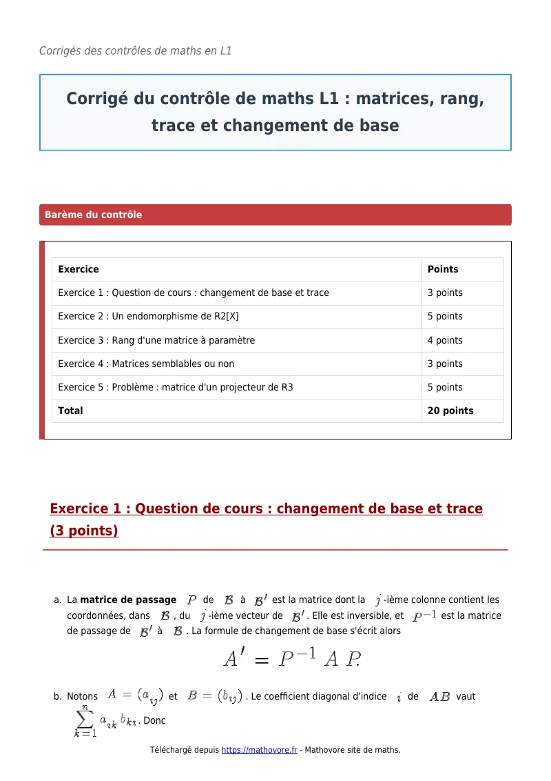 Contrôle de maths en L1 : Matrices, rang, trace et changement de base corrigé en PDF