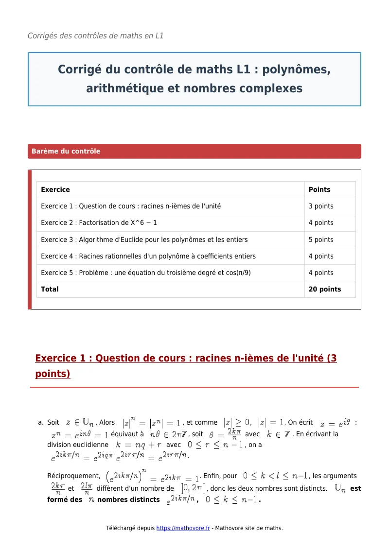 Contrôle de maths en L1 : Polynômes, arithmétique et nombres complexes corrigé en PDF