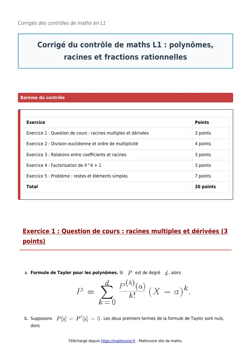 Contrôle de maths en L1 : Polynômes, racines et fractions rationnelles corrigé en PDF