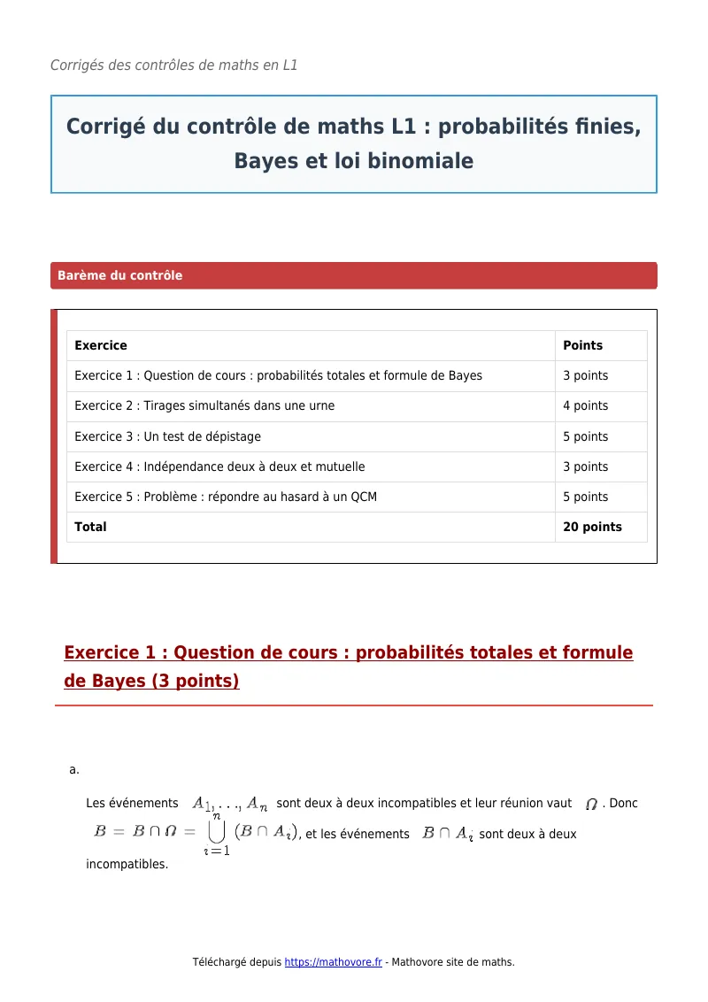 Contrôle de maths en L1 : Probabilités finies, Bayes et loi binomiale corrigé en PDF
