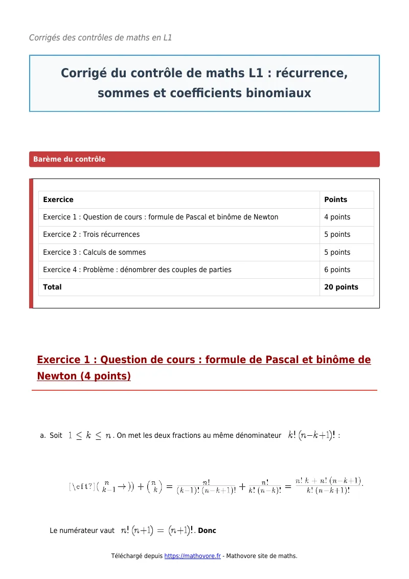 Contrôle de maths en L1 : Récurrence, sommes et coefficients binomiaux corrigé en PDF