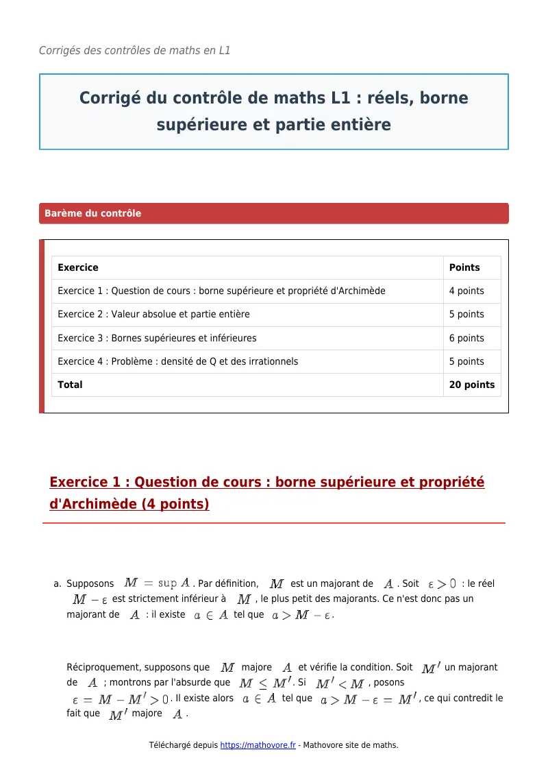 Contrôle de maths en L1 : Réels, borne supérieure et partie entière corrigé en PDF