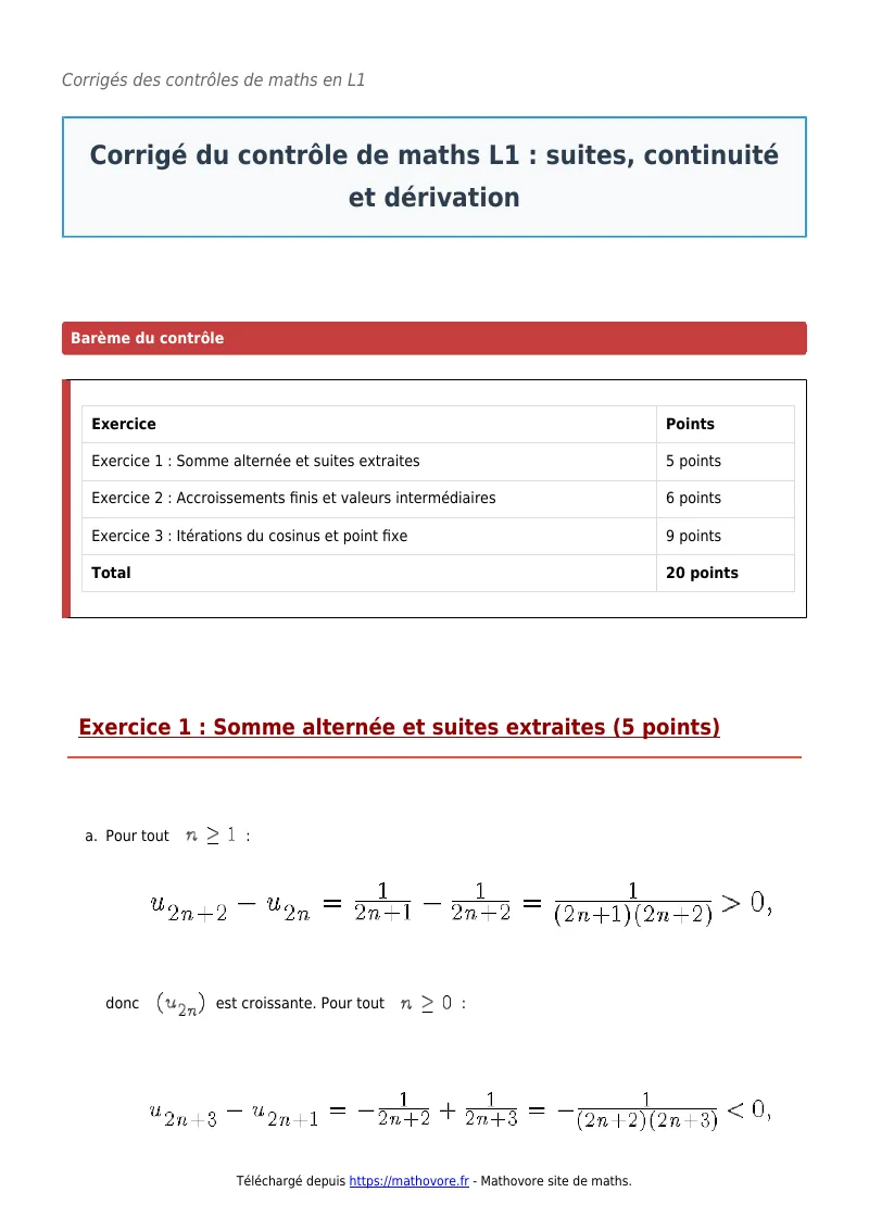 Contrôle de maths en L1 : Suites, continuité et dérivation corrigé en PDF