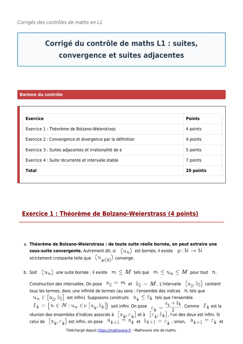 Contrôle de maths en L1 : Suites, convergence et suites adjacentes corrigé en PDF