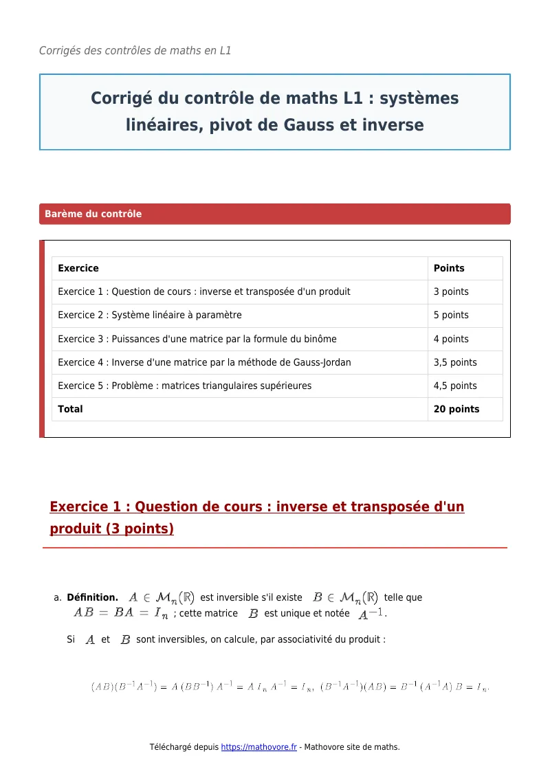 Contrôle de maths en L1 : Systèmes linéaires, pivot de Gauss et inverse corrigé en PDF